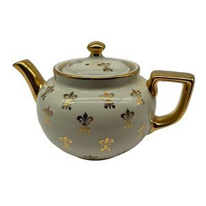 Hall China Ivory Boston MCM Teapot with Gold Fleur-De-Lis Made in USA Vintage